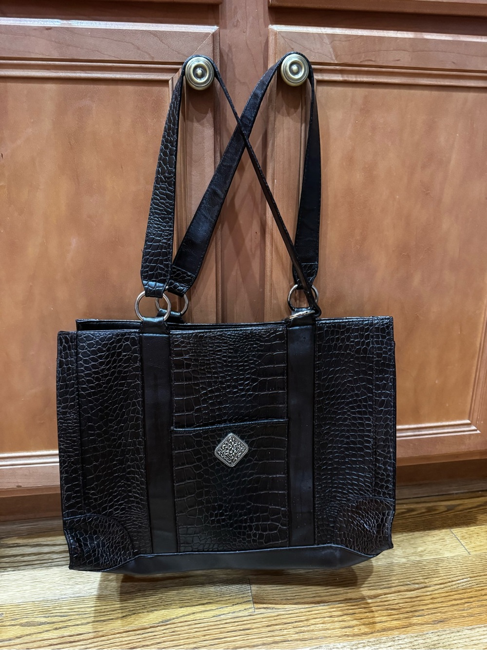 Coldwater Brown Croc-Embossed Large Tote with Decorative Medallion